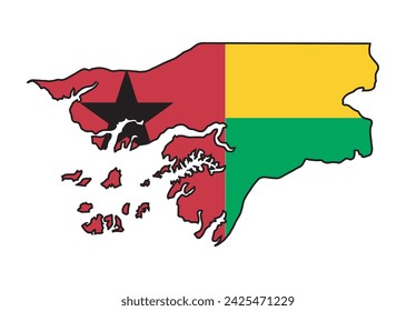 Mapa de silueta negra de Guinea Bissau sobre el país; bandera sobre fondo blanco