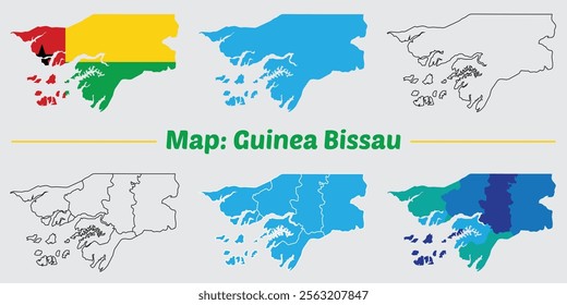 Guinea bissau country map set. internal provinces borders marked, Simple map of Guinea bissau vector drawing, Filled and outline.