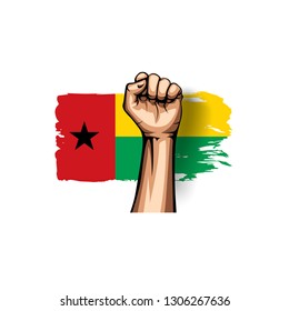 Guinea Bissau flag and hand on white background. Vector illustration