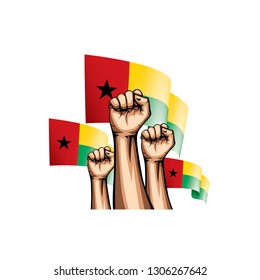 Guinea Bissau flag and hand on white background. Vector illustration