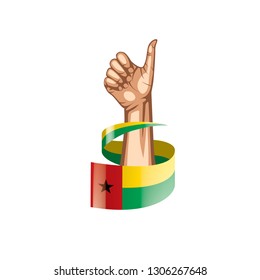 Guinea Bissau flag and hand on white background. Vector illustration