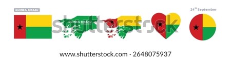guinea - bissau flag and map set. guinea bissau flag in official colors and proportions. independence day 24 september, map, circle and heart shaped guinea	