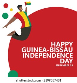 Ejemplo vectorial del día de la independencia de Guinea Bissau con un hombre saltando y sosteniendo la bandera nacional. Fiesta pública de un país africano que se celebra anualmente el 24 de setiembre.