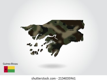 guinea Bissau map with camouflage pattern, Forest - green texture in map. Military concept for army, soldier and war. coat of arms, flag.