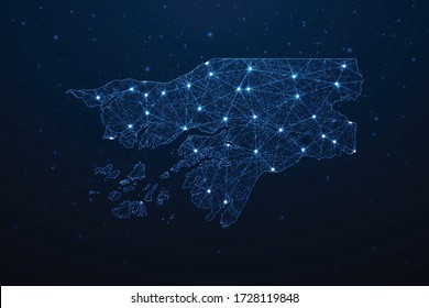 Conexión al mapa de Guinea Bissau. Resumen Tecnología Digital 3D Mesh Línea de red poligonal, área de diseño, punto y estructura en fondo oscuro. EPS10 de ilustración vectorial.