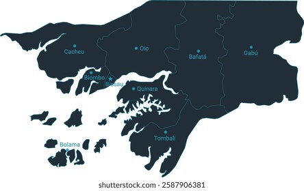 Guinea Bissau map high detailed with administrative divide by state, capital cities names, outline simplicity style. Vector illustration EPS10.