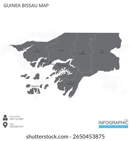 O mapa de Guiné-Bissau é altamente detalhado com as regiões e cidades do país sobre fundo branco. Ilustração vetorial EPS10.