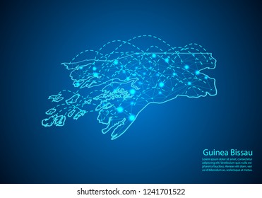 guinea Bissau map with nodes linked by lines. concept of global communication and business. Dark guinea Bissau map created from white dots with travel locations or internet connection.