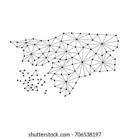 Guinea Bissau map of polygonal mosaic lines network, rays and dots vector illustration.