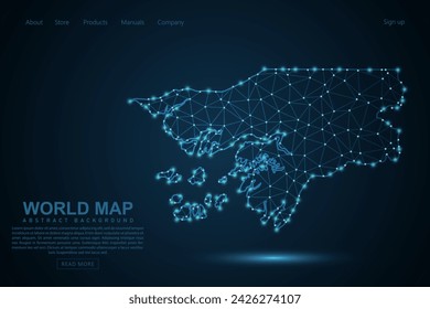 Mapa de Guinea Bissau - Mapa del Mundo línea de masa y escalas de puntos sobre fondo azul de la tecnología. Línea de red poligonal de malla 3D de marco de alambre, esfera de diseño, punto y estructura - Ilustración vectorial eps 10
