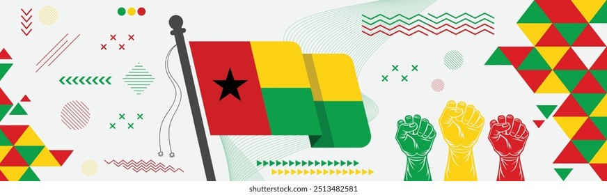 Guinea Bissau Día nacional o Anuncio de la Independencia con Formas geométricas abstractas retro. Bandera de Guinea Bissau con la mano levantada.	