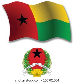guinea bissau shadowed textured wavy flag and coat of arms against white background, vector art illustration, image contains transparency transparency