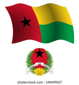 guinea bissau wavy flag and coat of arms against white background, vector art illustration, image contains transparency