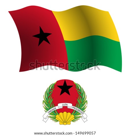 guinea bissau wavy flag and coat of arms against white background, vector art illustration, image contains transparency