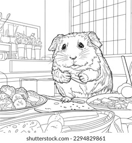 Guinea pig , Black and white coloring pages for kids, simple lines, cartoon style, happy, cute, funny, animal in the world