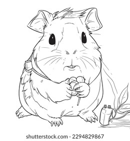 Guinea pig , Black and white coloring pages for kids, simple lines, cartoon style, happy, cute, funny, animal in the world