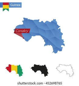 Guinea blue Low Poly map with capital Conakry, four versions of map. Vector Illustration.