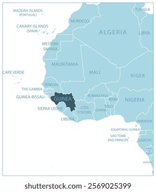 Guinea - blue map with neighboring countries and names. Vector illustration