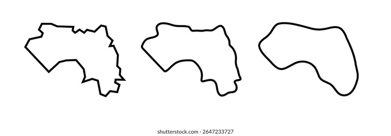 Guinea country black outline silhouettes in three different levels of smoothness. Simplified maps. Vector icons isolated on white background.