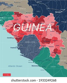 Mapa editable detallado del país de Guinea con las regiones ciudades y pueblos, carreteras y ferrocarriles, lugares geográficos. Archivo EPS-10 del vector