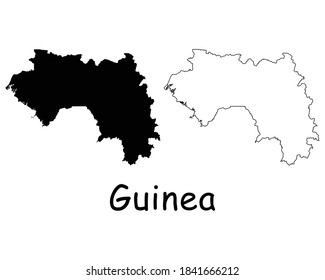 Mapa del país de Guinea. Silueta negra y contorno aislado sobre fondo blanco. Vector EPS