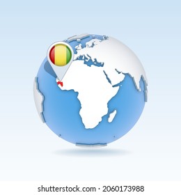 Guinea- country map and flag located on globe, world map. 3D Vector illustration