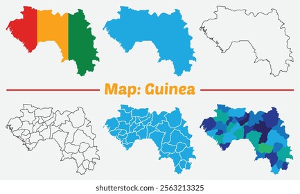 Guinea country map set. internal provinces borders marked, Simple map of Guinea vector drawing, Filled and outline.