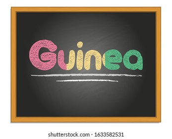 Guinea country name and flag color chalk lettering on black chalkboard