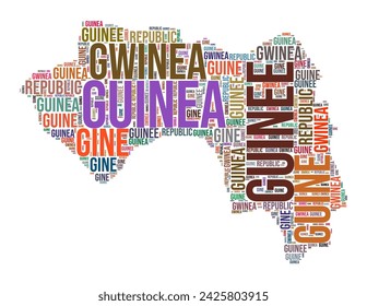 Guinea country shape word cloud. Typography style country illustration. Guinea image in text cloud style. Vector illustration.