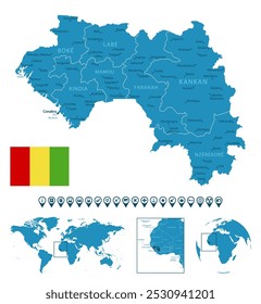 Guinea - detailed blue country map with cities, regions, location on world map and globe. Infographic icons. Vector illustration