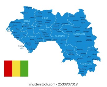 Guiné - detalhado mapa azul do país com cidades, regiões. Ilustração vetorial