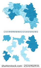 Guinea - detailed map of the country in blue colors, divided into regions. Infographic icons. Vector illustration.