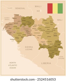 Guinea - detailed map of the country in brown colors, divided into regions. Vector illustration