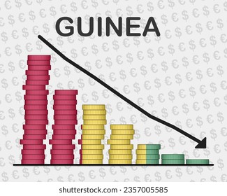 El colapso económico de Guinea, la disminución de los valores con monedas, la crisis y el concepto de degradación, la bandera de Guinea con los cambios, la caída de la flecha, la idea de banner de noticias, el fracaso y la disminución, el declive financiero