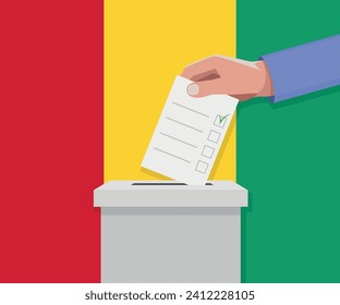 Guinea election concept. Hand puts vote bulletin into vote box.