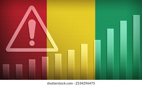 Guinea flag with burlap texture, warning sign, and rising bar chart symbolizing increasing risk or growth challenges in the country. Ideal for data presentations.