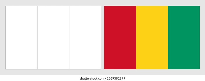 Guinea flag - coloring page. Set of white wireframe thin black outline flag and original colored flag.