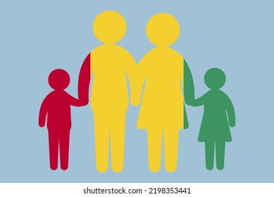 Guinea-Flagge mit Familienkonzept, Vektorelement, Eltern und Kinder, die Händchen halten, Einwanderergedanke, glückliche Familie mit guineischer Flagge, flaches Design