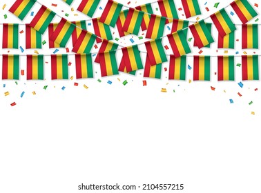Guinea flag garland white background with confetti, Hang bunting for Guinea independence day celebration template banner, Vector illustration