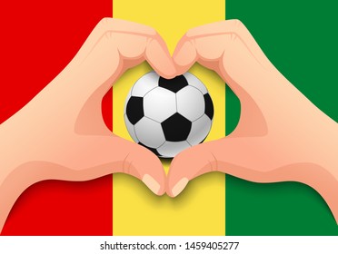 Guinea flag and hand heart shape. National football background. Soccer ball with flag of Guinea vector illustration