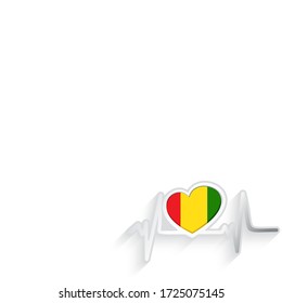 Guinea flag heart shaped and heartbeat line isolated on white. Guinea Patriotic Background. Vector illustration.