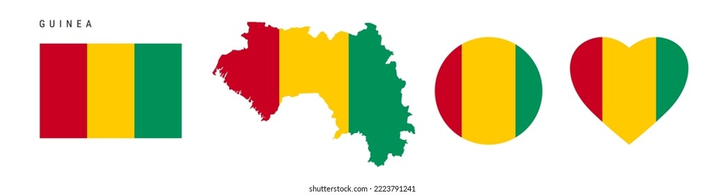 Guinea flag icon set. Republic of Guinea pennant in official colors and proportions. Rectangular, map-shaped, circle and heart-shaped. Flat vector illustration isolated on white.