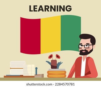 Guinea flag with a male teacher, learning or teaching Guinea language, bearded man with glasses and country flag vector design, language school concept