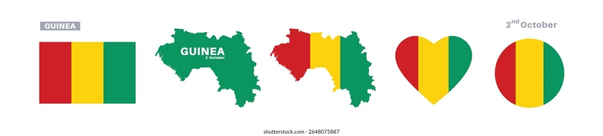 guinea flag and map set. guinea flag in official colors and proportions. independence day 2 october, map, circle and heart shaped guinea	