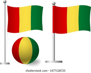 Guinea flag on pole and ball. Metal flagpole. National flag of Guinea vector illustration