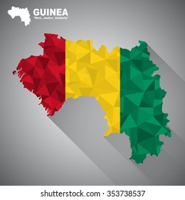 Guinea flag overlay on Guinea map with polygonal and long tail shadow style (EPS10 art vector)