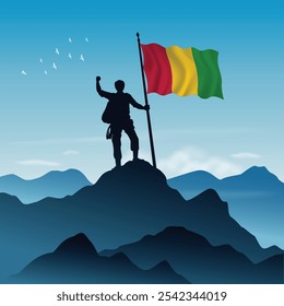 Bandera de Guinea izada en la cima de una montaña con el cielo despejado en el fondo, Ilustración vectorial