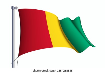 Símbolo del estado de la bandera de Guinea aislado en una bandera nacional de fondo. Tarjeta de saludo Día Nacional de la Independencia de la República de Guinea. Cartel de ilustración con bandera de estado realista.