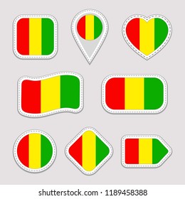 Guinea flag vector set. Guinean flags stickers collection. Isolated geometric icons. National symbols badges. Web, sport page, patriotic, travel, school, design elements Different shapes