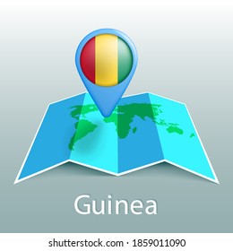 Mapa del mundo de la bandera de Guinea con nombre del país